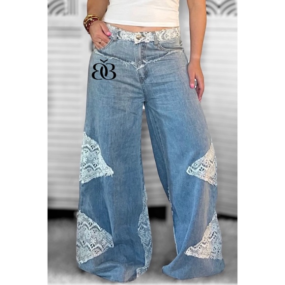 POL Vintage Washed Crochet Patched Straight Wide Leg Slouch Jeans - Picture 11 of 16